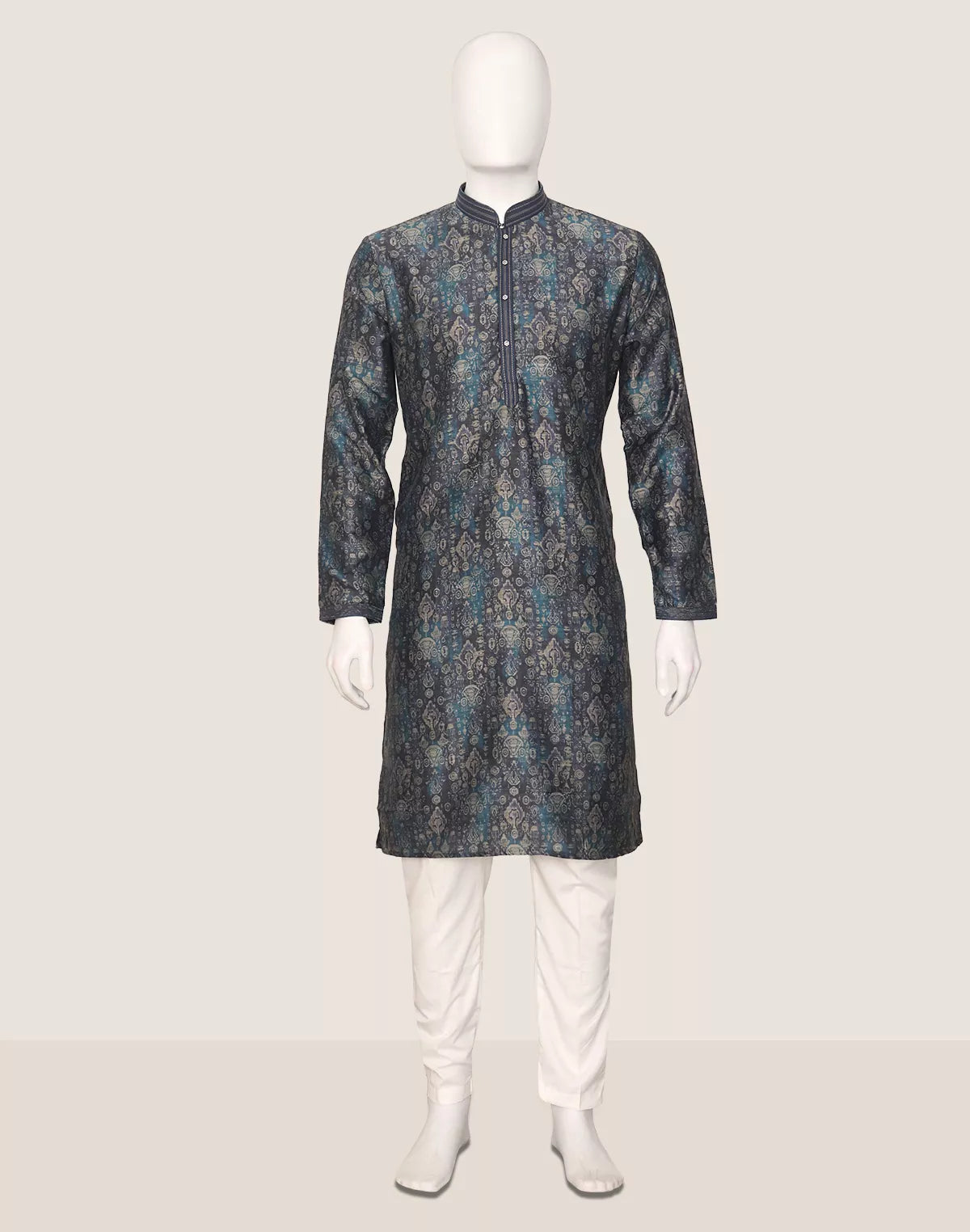 Graphic Print Indigo Blue Milky Silk Kurta Pyjama Set