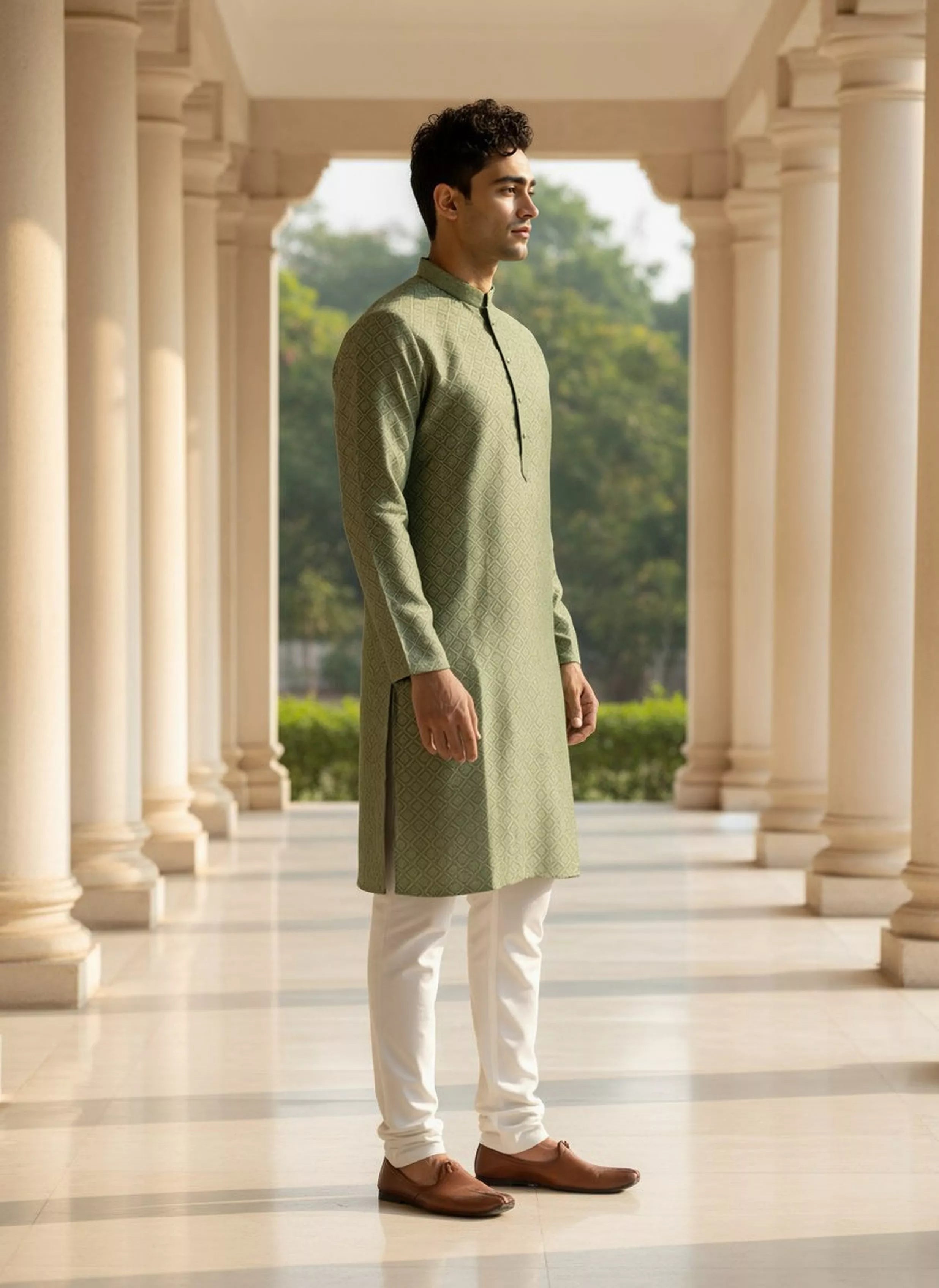 Floral Motifs Mehendi Colour Jacquard Kurta Pyjama Set