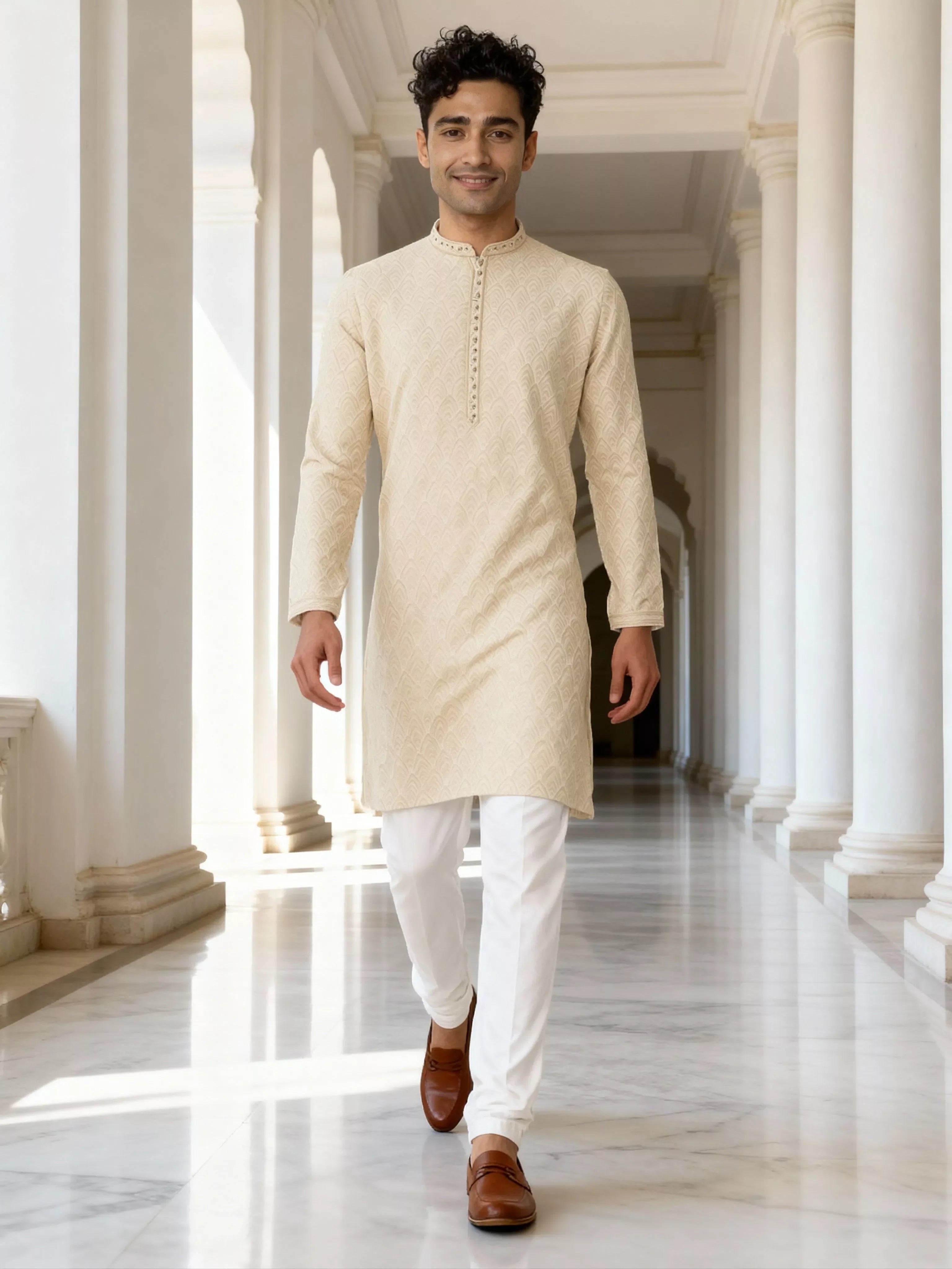 Cream Thread work Zig Zag Pattern Jacquard Kurta Pyjama Set