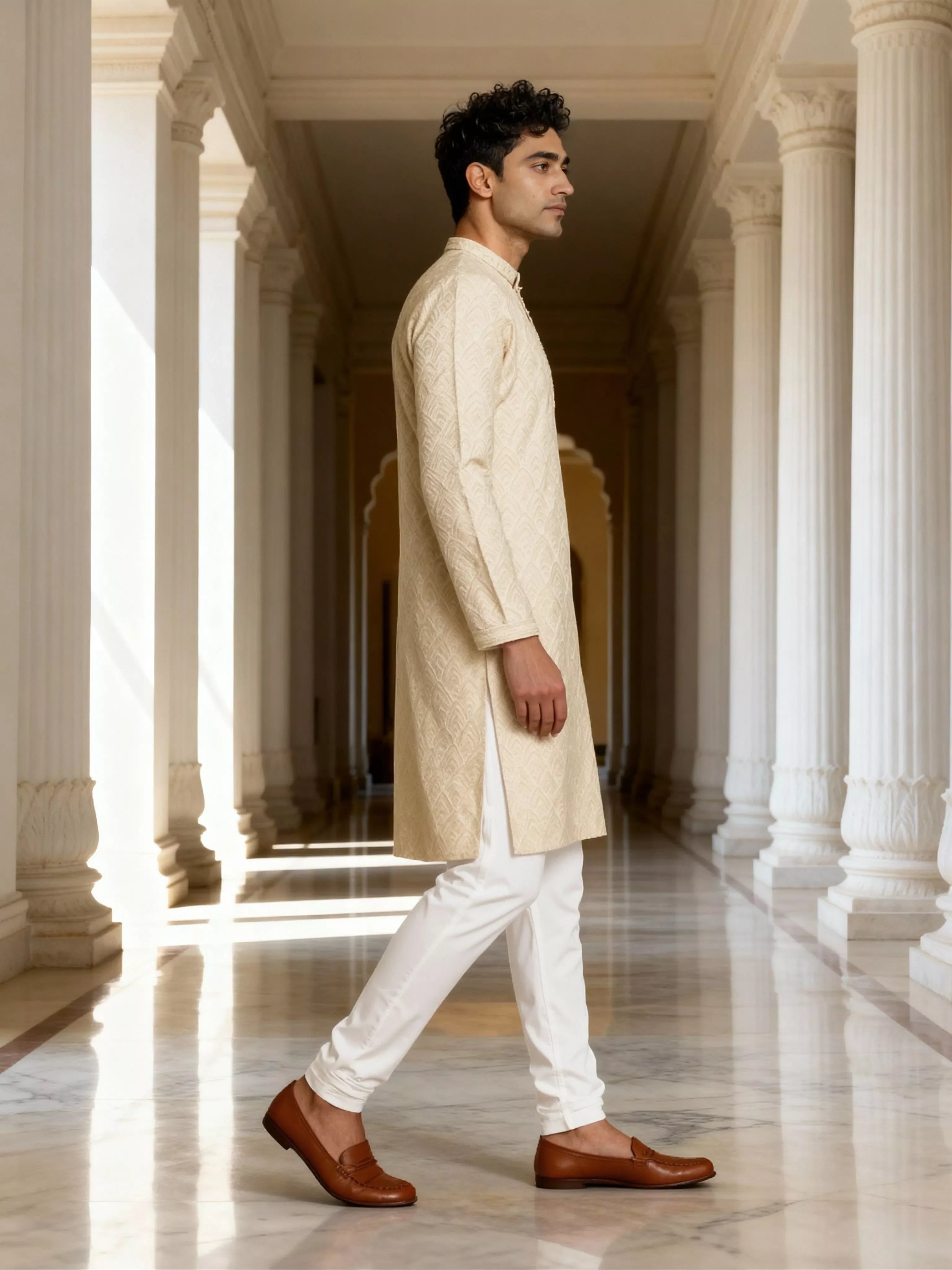 Cream Thread work Zig Zag Pattern Jacquard Kurta Pyjama Set