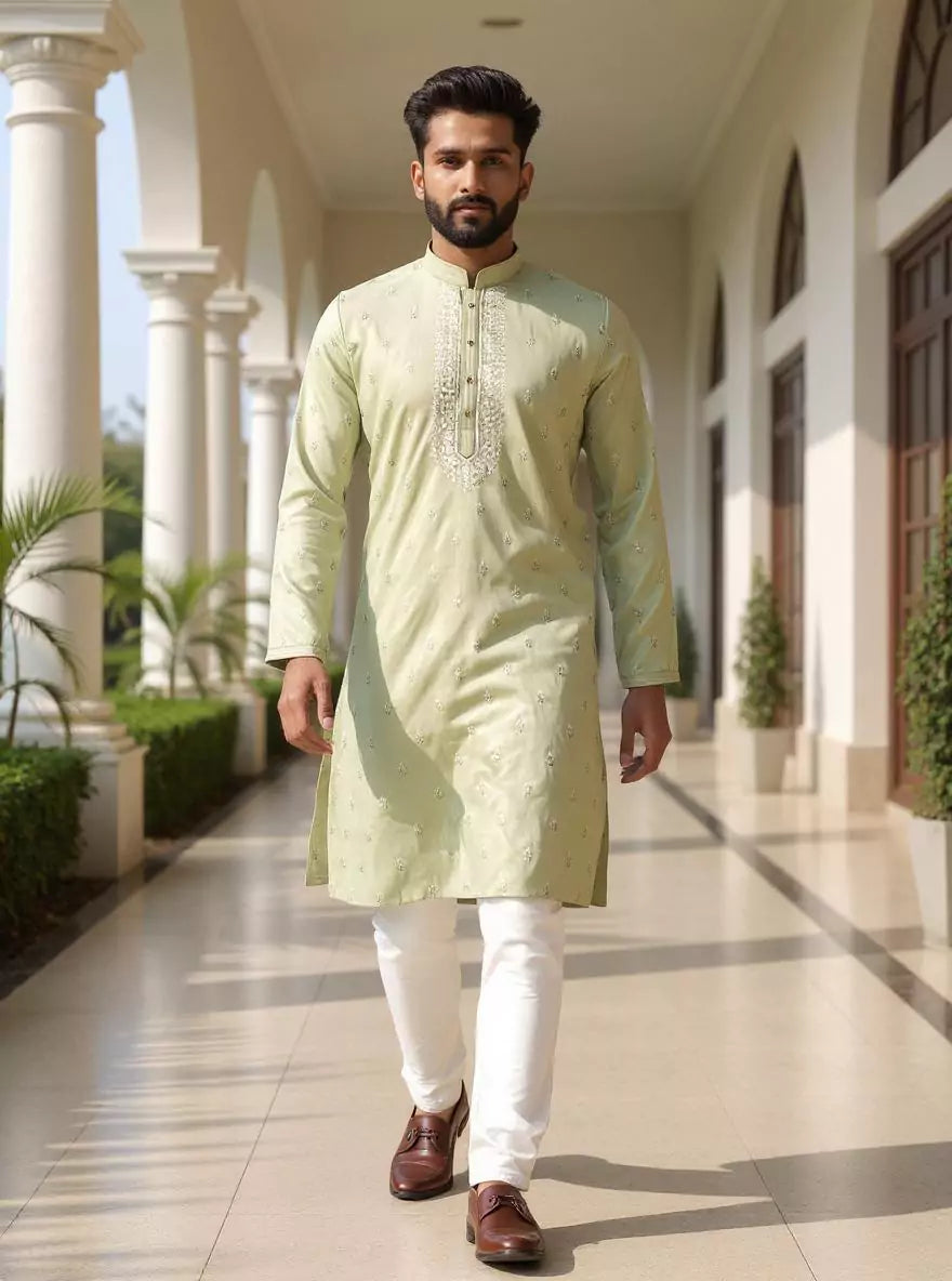 Floral Embroidery work Milky Silk Pista Kurta Pyjama Set