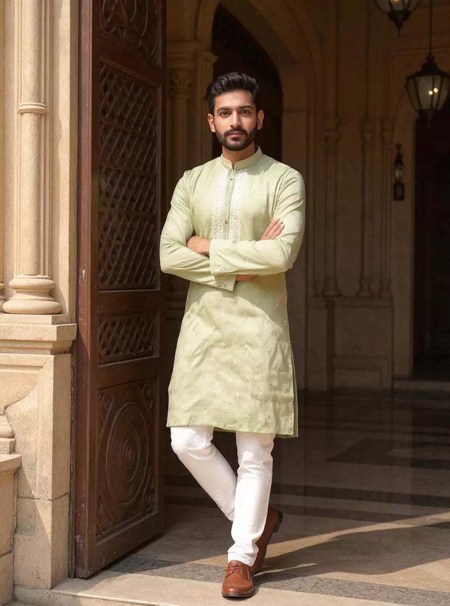 Floral Embroidery work Milky Silk Pista Kurta Pyjama Set