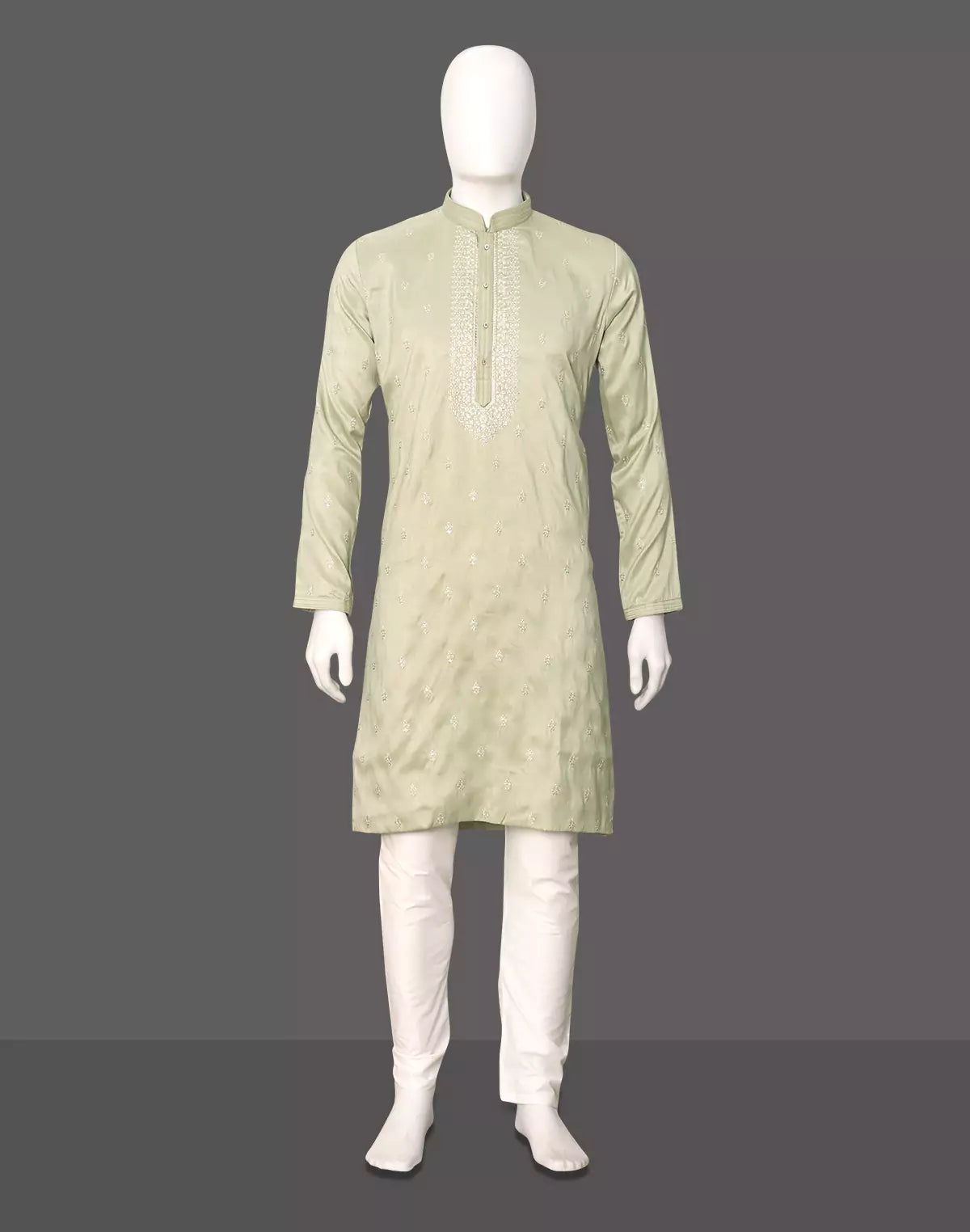 Floral Embroidery work Milky Silk Pista Kurta Pyjama Set