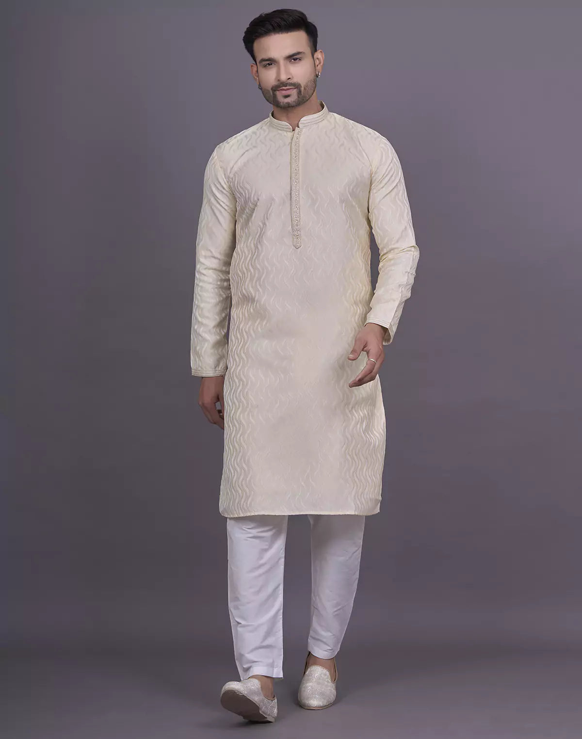 Gold All Over Self Highlighted Thread work Jacquard Kurta Pyjama Set