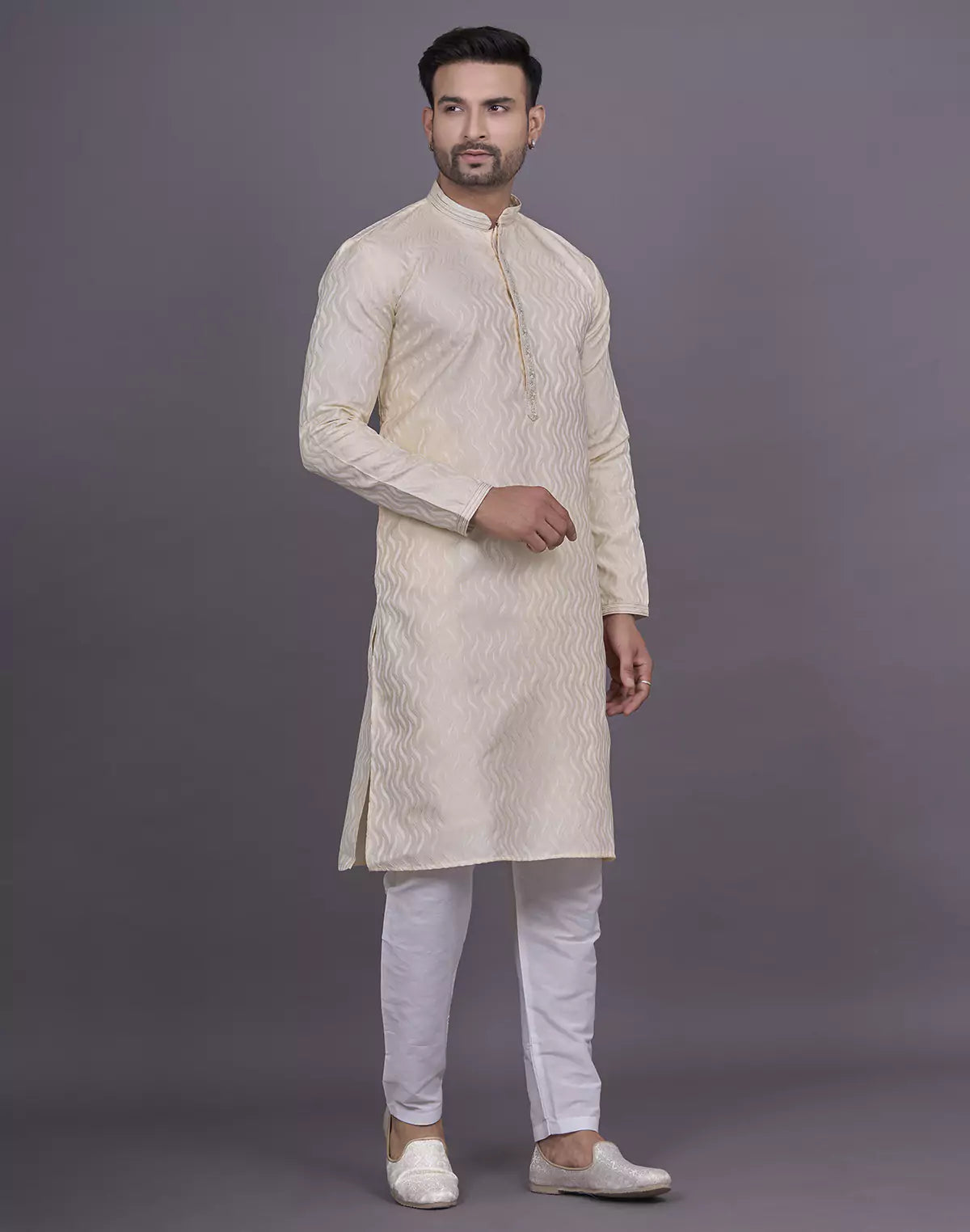 Gold All Over Self Highlighted Thread work Jacquard Kurta Pyjama Set