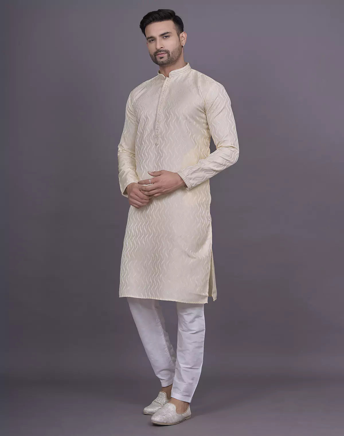 Gold All Over Self Highlighted Thread work Jacquard Kurta Pyjama Set