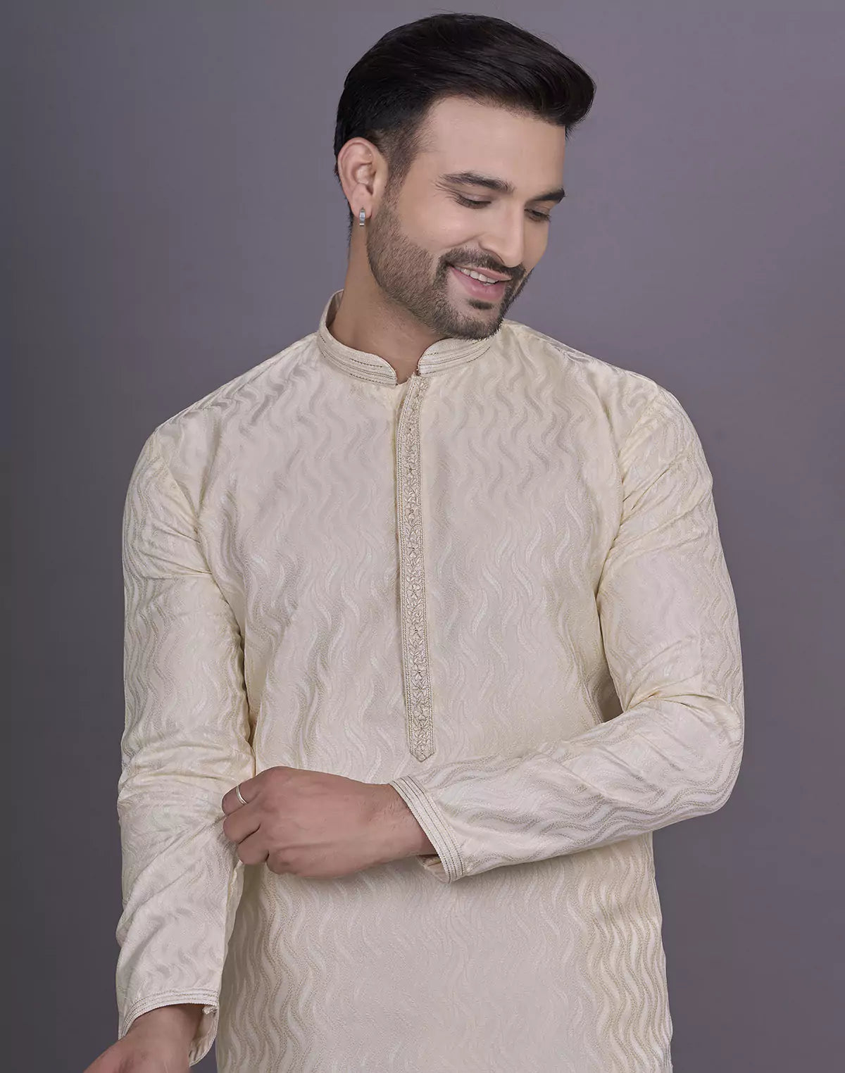 Gold All Over Self Highlighted Thread work Jacquard Kurta Pyjama Set