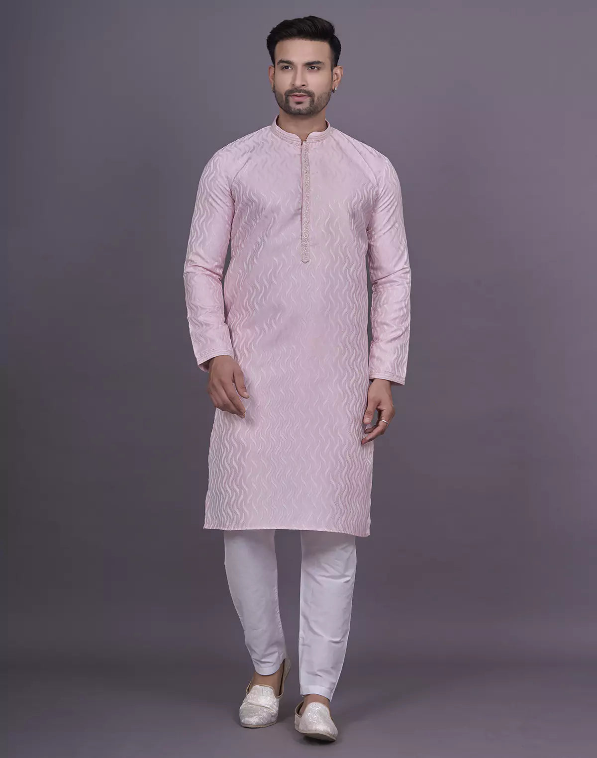 Pink All Over Self Highlighted Thread work Jacquard Kurta Pyjama Set