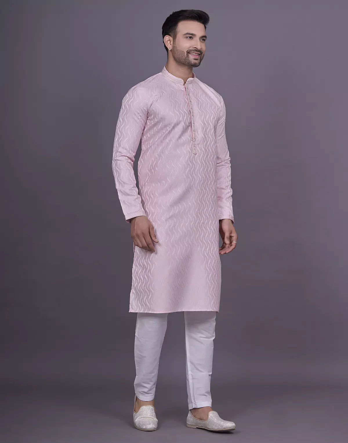 Pink All Over Self Highlighted Thread work Jacquard Kurta Pyjama Set