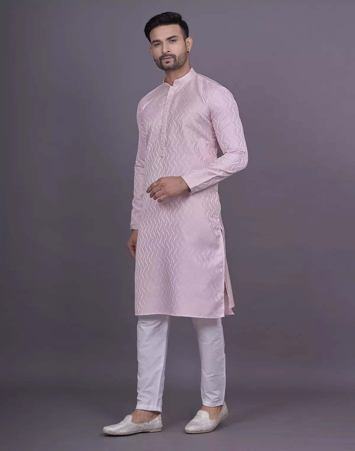 Pink All Over Self Highlighted Thread work Jacquard Kurta Pyjama Set