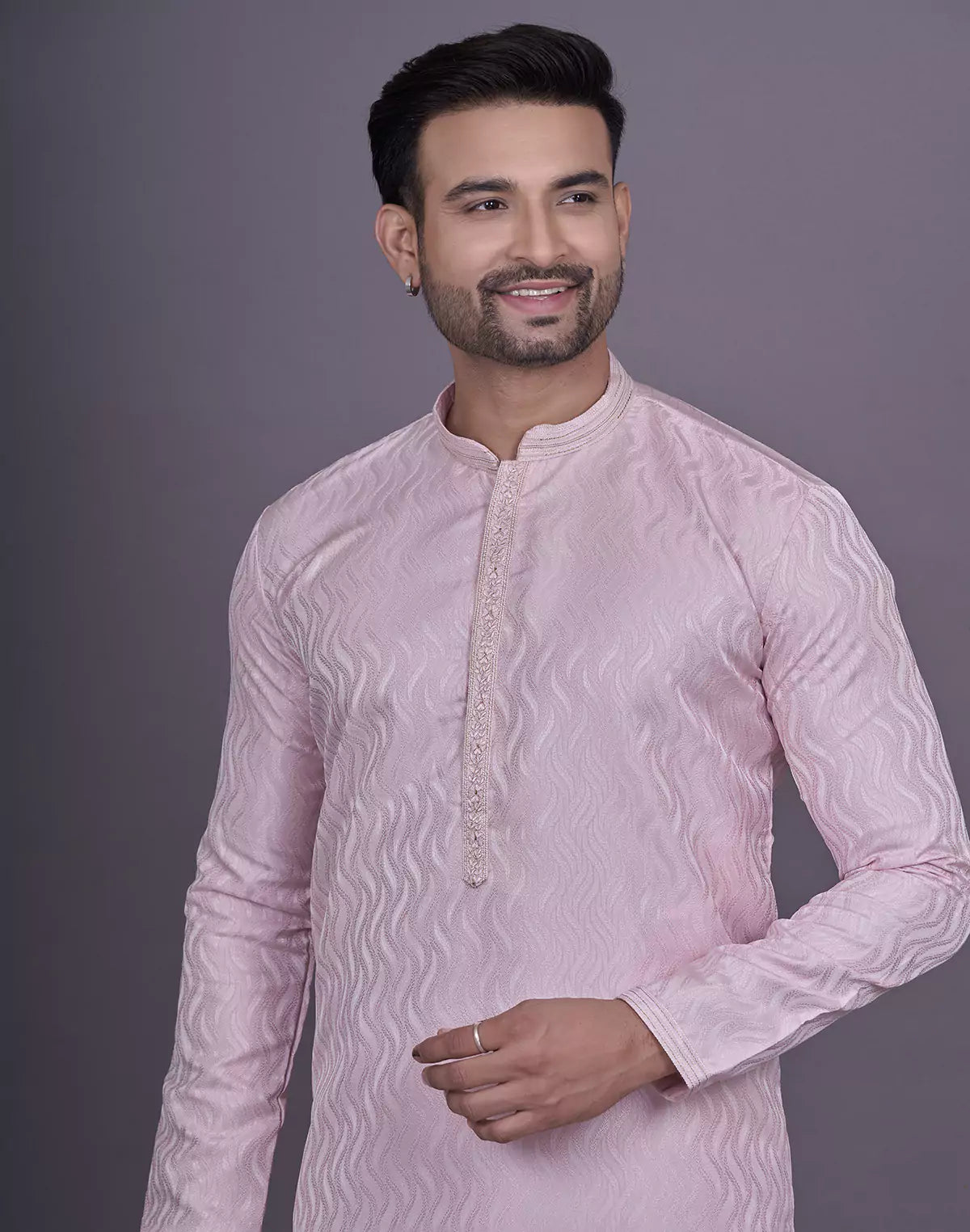 Pink All Over Self Highlighted Thread work Jacquard Kurta Pyjama Set