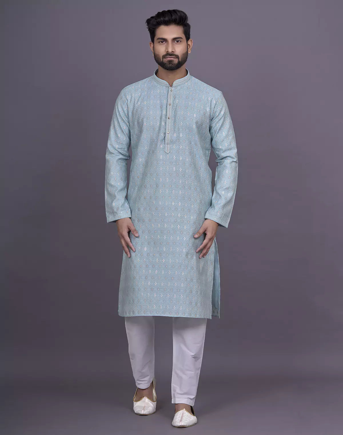 firozi coloured floral design jacquard kurta pyjama set