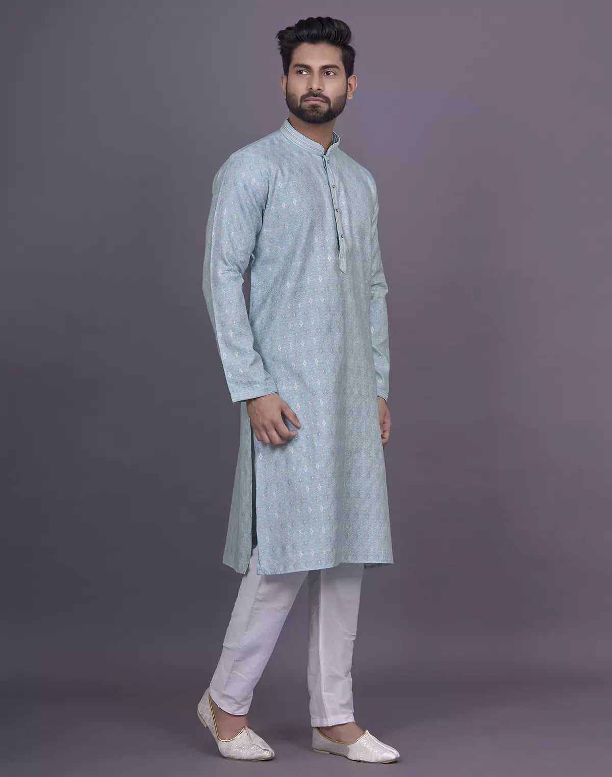 firozi coloured floral design jacquard kurta pyjama set