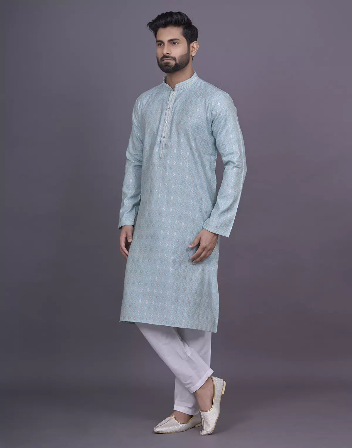 firozi coloured floral design jacquard kurta pyjama set