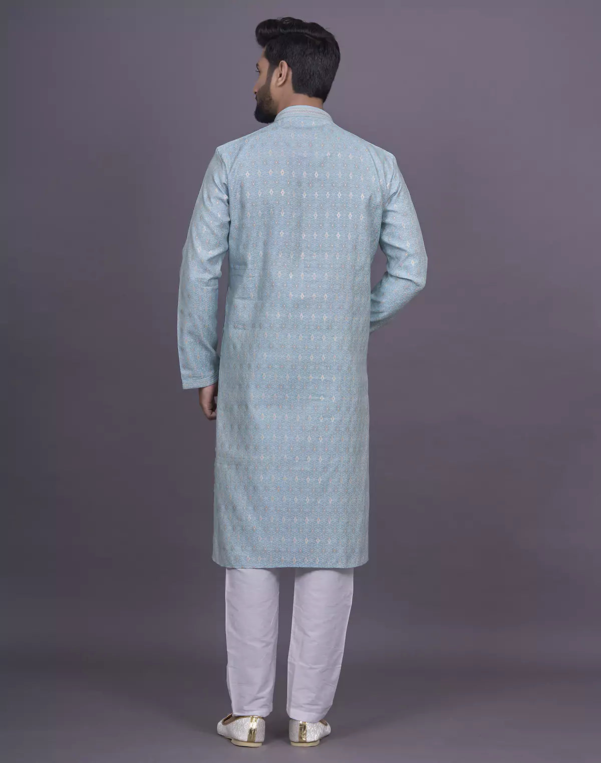 firozi coloured floral design jacquard kurta pyjama set