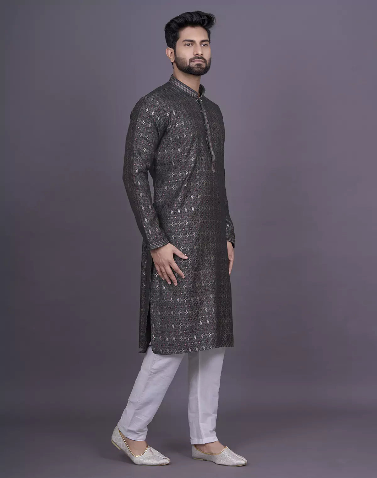 Soft Green Floral Design Jacquard Kurta Pyjama Set