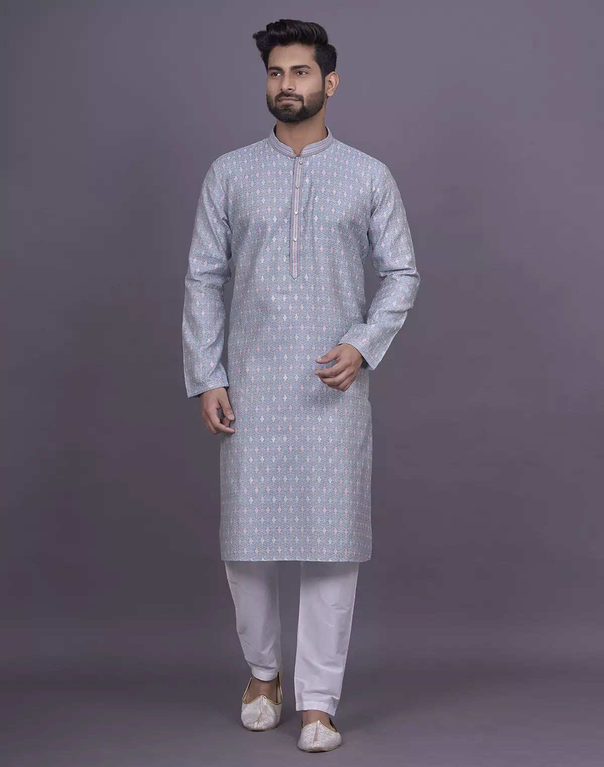 All Over Floral Design Grey Color Jacquard Kurta Pyjama Set