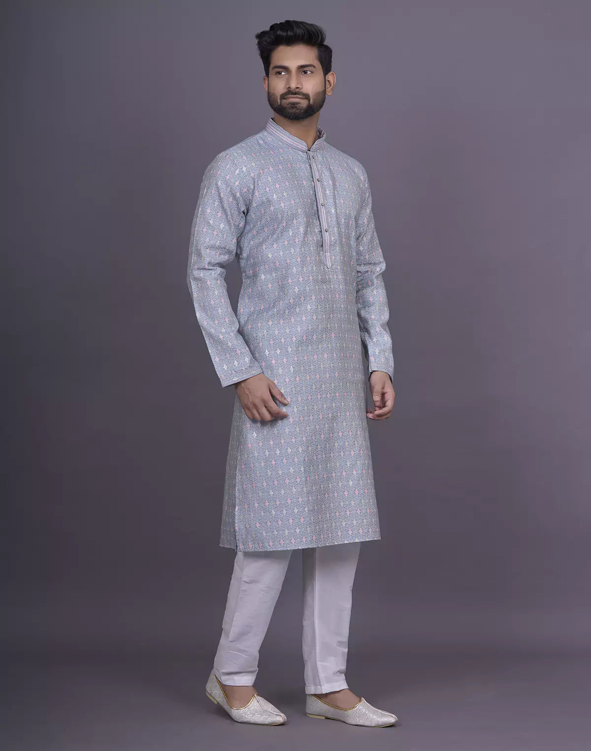 All Over Floral Design Grey Color Jacquard Kurta Pyjama Set