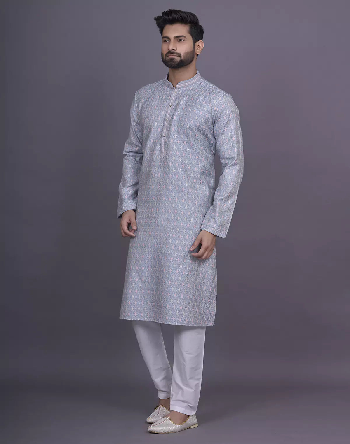 All Over Floral Design Grey Color Jacquard Kurta Pyjama Set