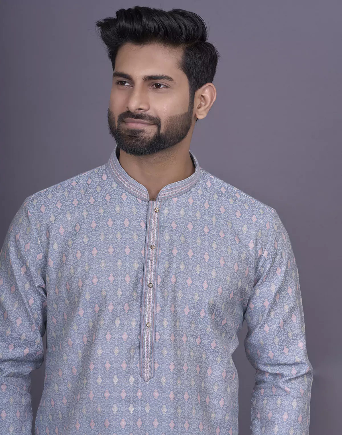 All Over Floral Design Grey Color Jacquard Kurta Pyjama Set