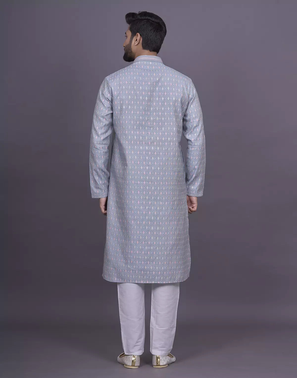 All Over Floral Design Grey Color Jacquard Kurta Pyjama Set