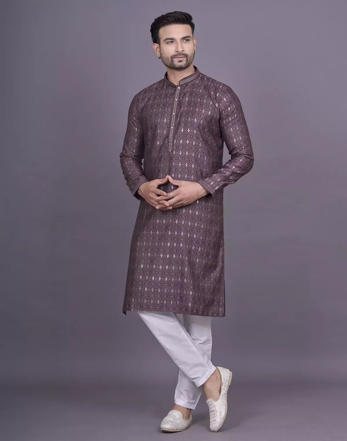 Dewberry Purple Floral Design Jacquard Kurta Pyjama Set