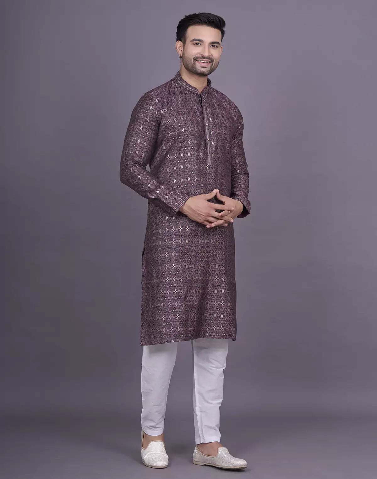 Dewberry Purple Floral Design Jacquard Kurta Pyjama Set