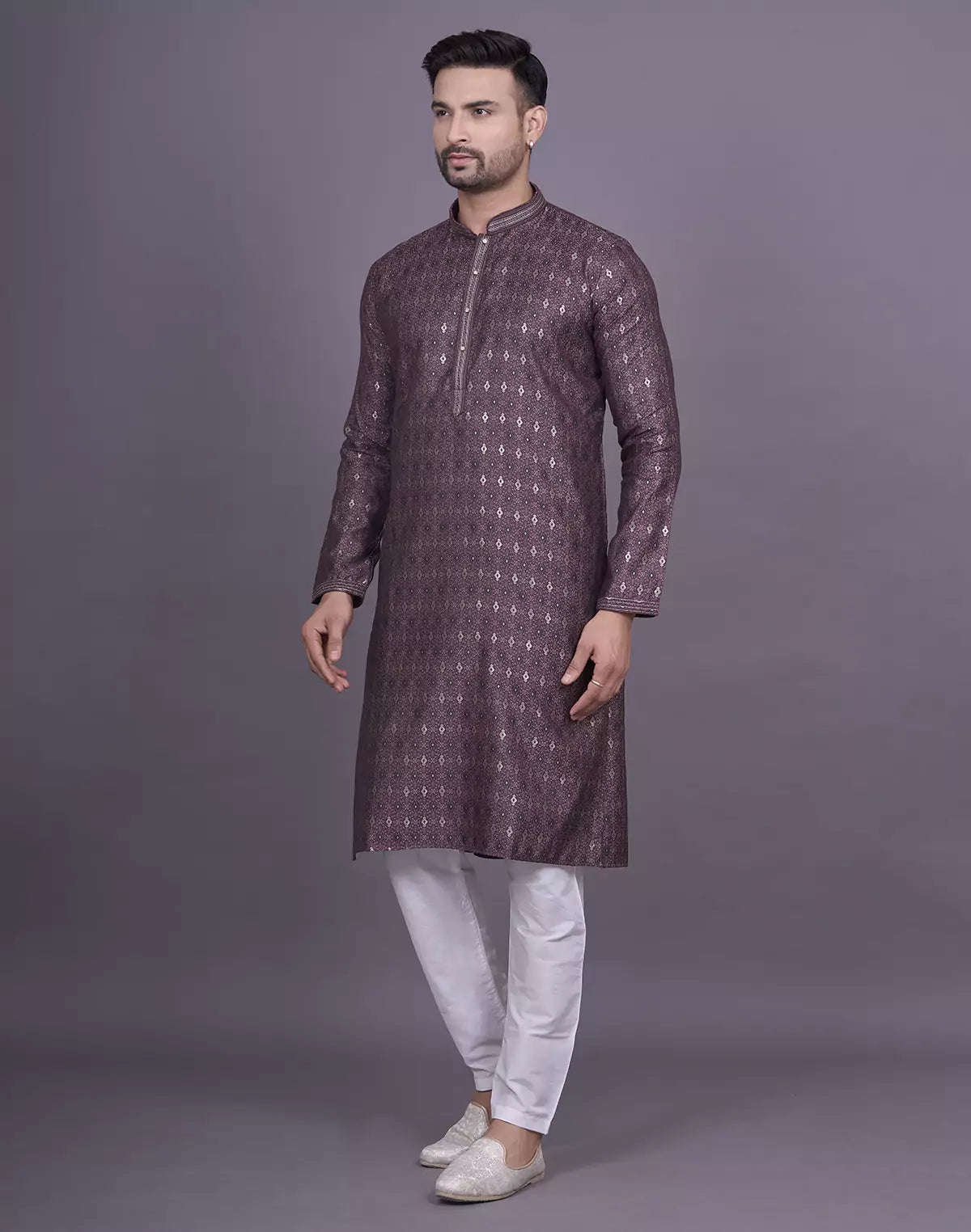 Dewberry Purple Floral Design Jacquard Kurta Pyjama Set