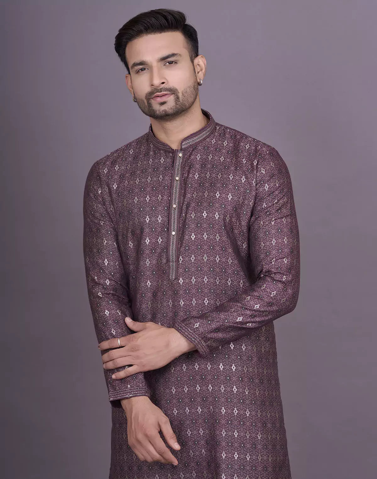 Dewberry Purple Floral Design Jacquard Kurta Pyjama Set