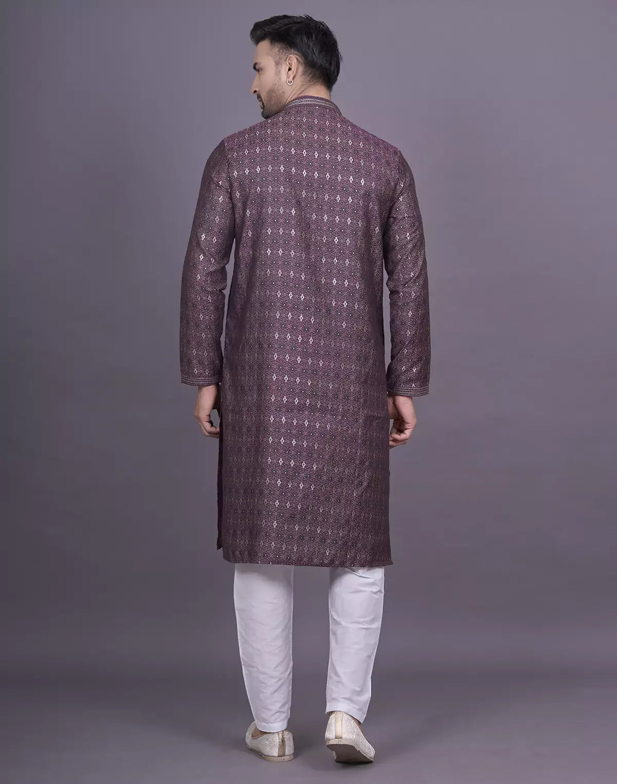 Dewberry Purple Floral Design Jacquard Kurta Pyjama Set