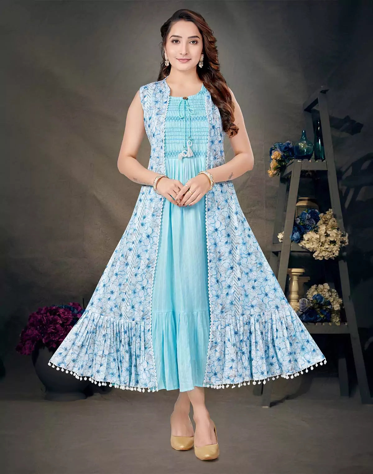 Dress Cum Kurta with Floral Print Blue Cotton Silk Shrug-set of 2 RS Brothers Dress Cum Kurta with Floral Print Blue Cotton Silk Shrug-set of 2 RS Brothers