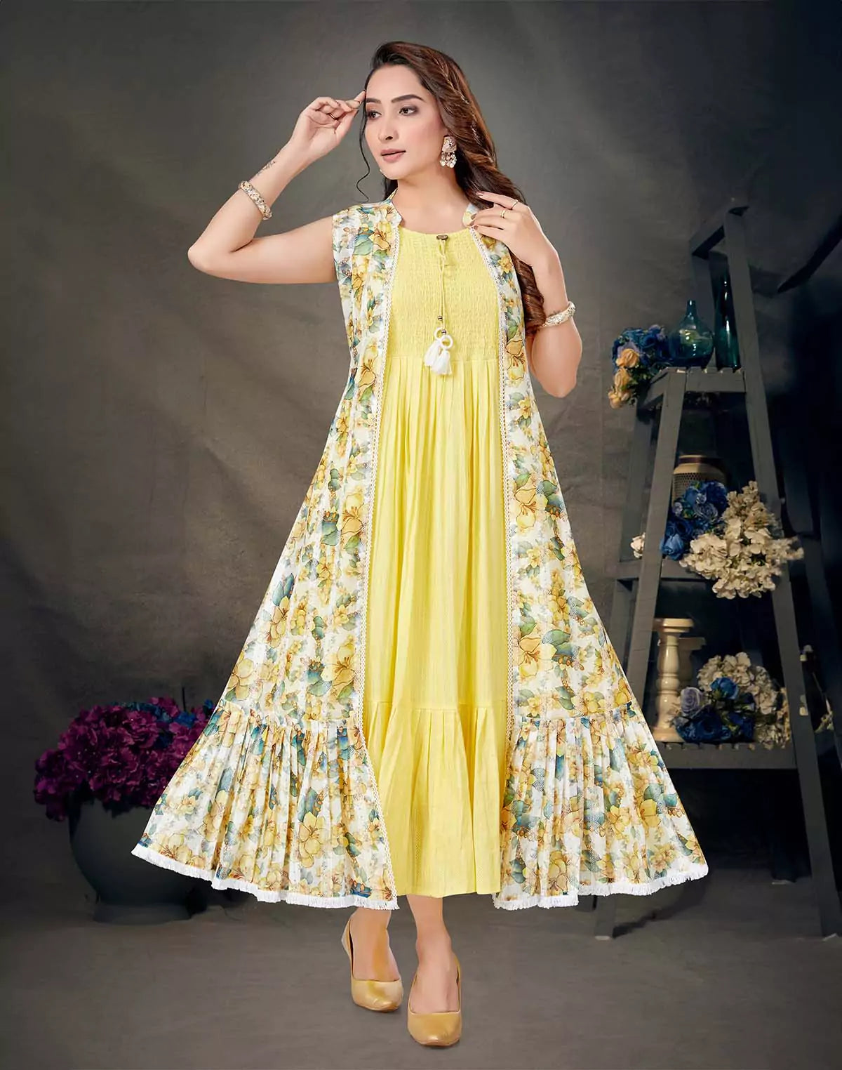 Yellow Long Flared Kurti With Knee-length Shrug RS Brothers Yellow Long Flared Kurti With Knee-length Shrug RS Brothers