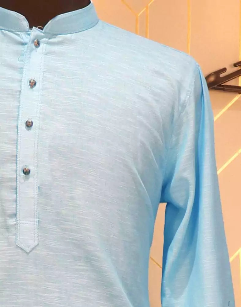 Sky Blue Plain Cotton Kurta Pyjama Set