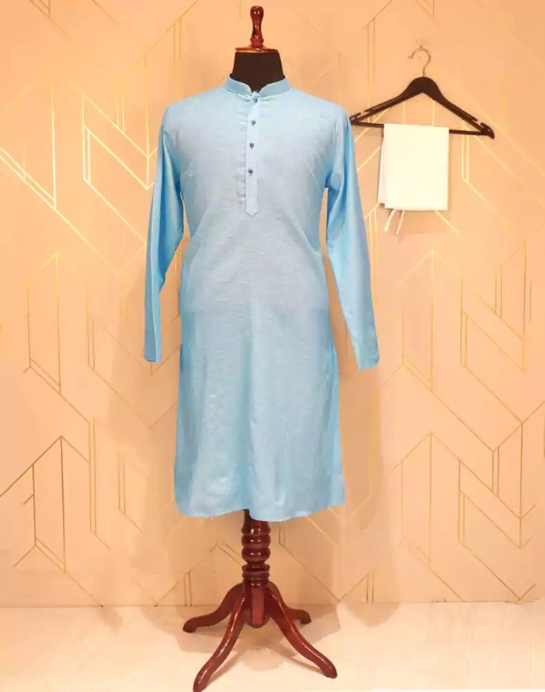 Sky Blue Plain Cotton Kurta Pyjama Set