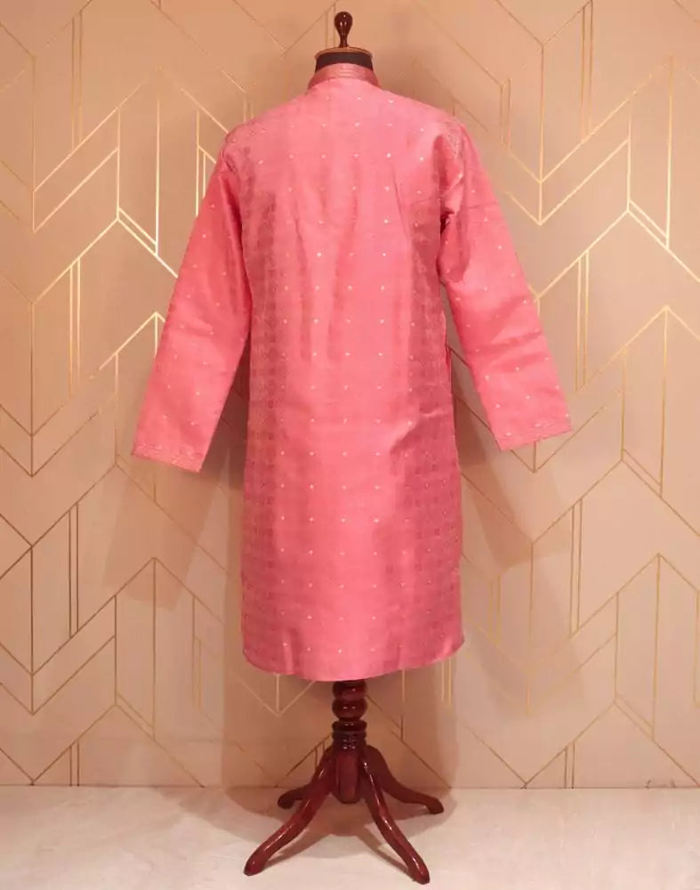 Pink Coloured Geometric Weave Jacquard Kurta Pyjama Set