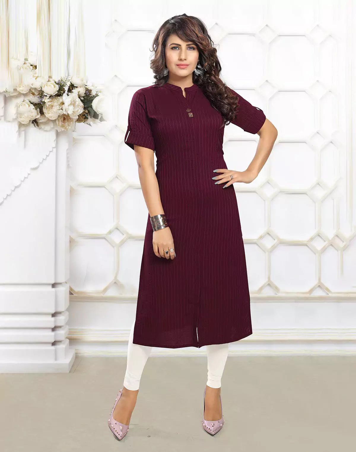 Maroon Stripes Self Pattern Cotton Silk Kurti