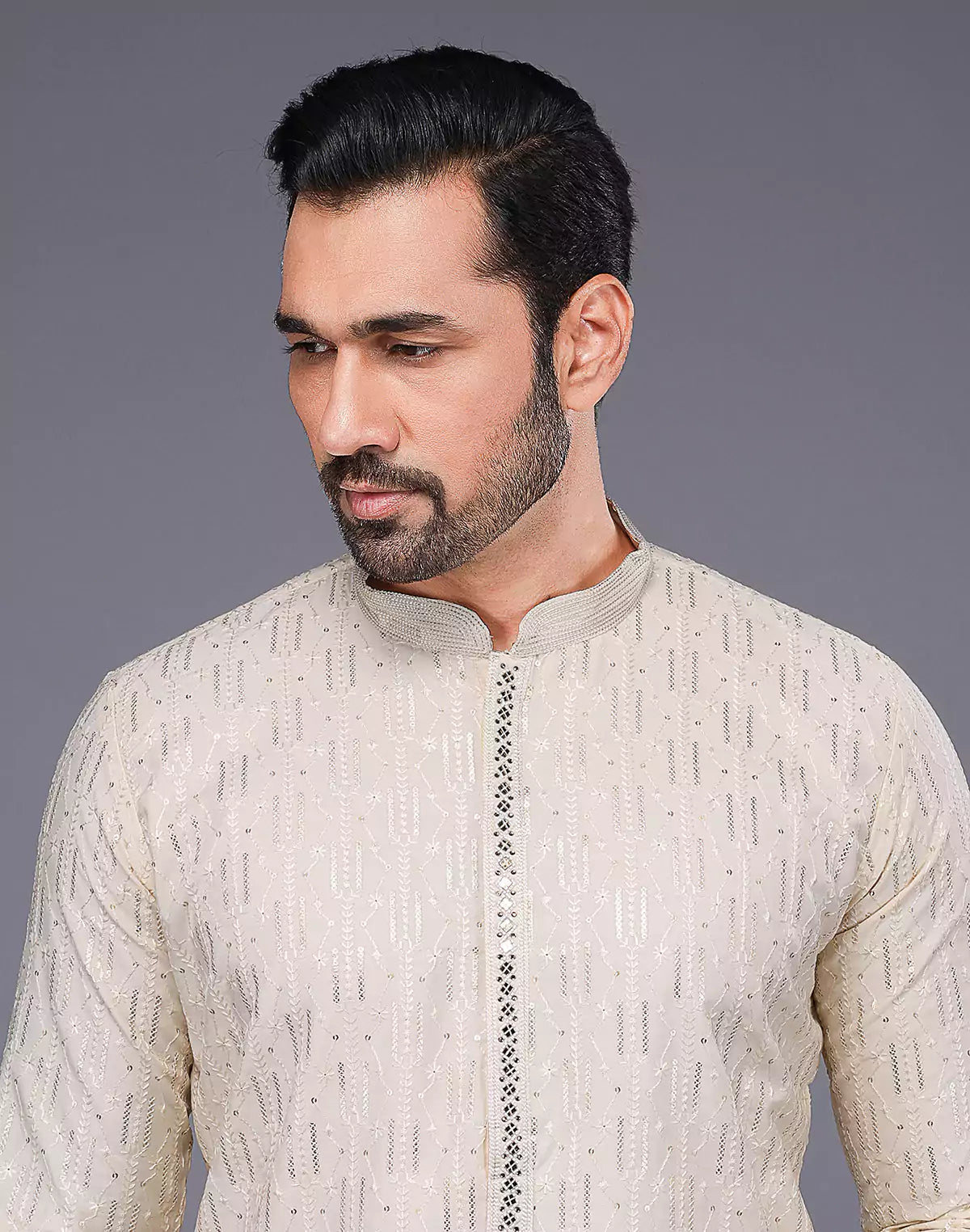 Elegant Cream Embellished Work Kurta Pyjama Set