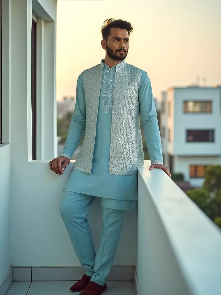 Chiffon Floral Design Embellished Work Sky Coloured Kurta Set