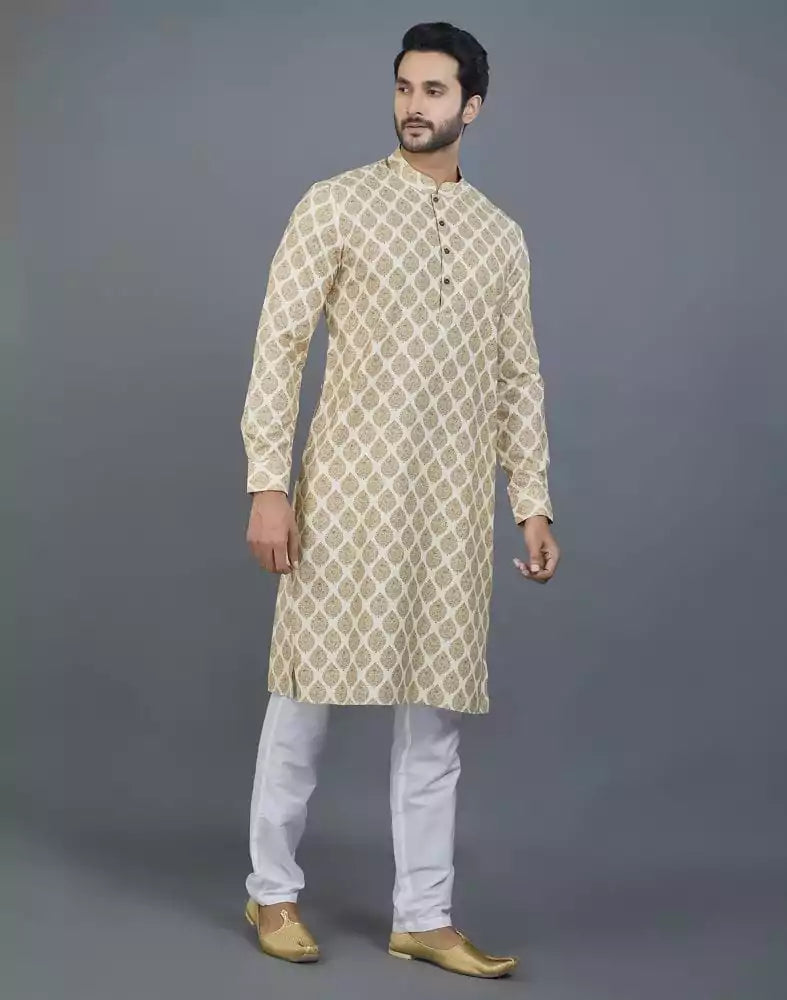 Attractive Yellow Botanical Print Cotton Kurta