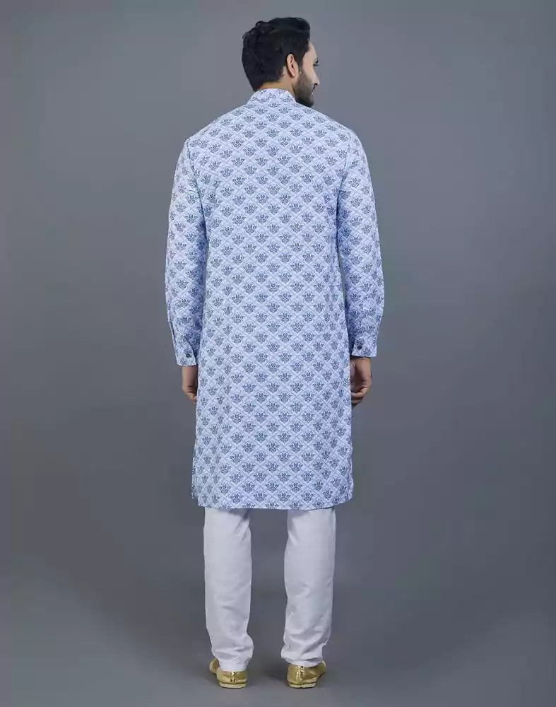 Aesthetic Sky Blue Floral Cotton Kurta