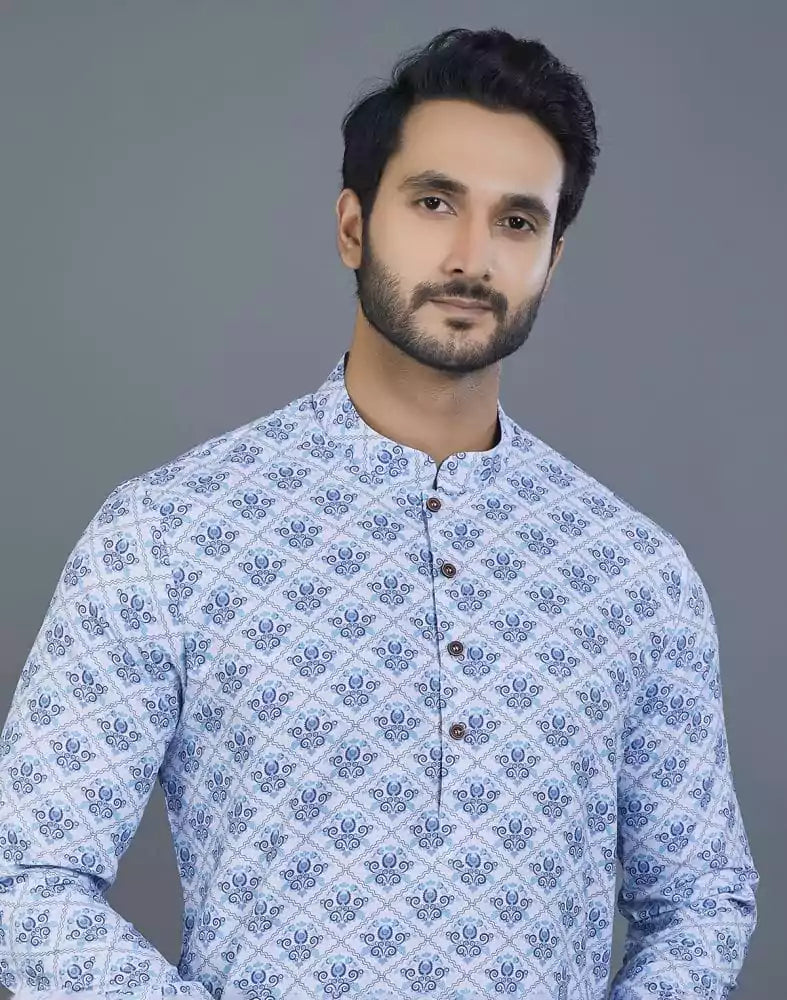 Aesthetic Sky Blue Floral Cotton Kurta