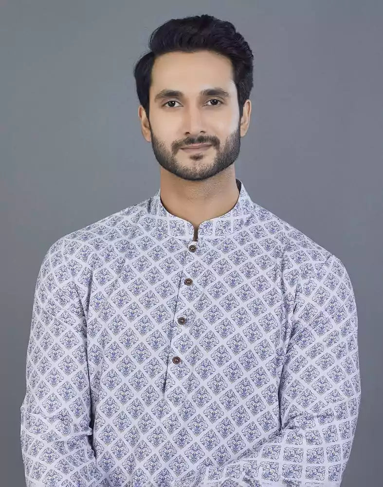 Geometric Print Grey Color Cotton Kurta
