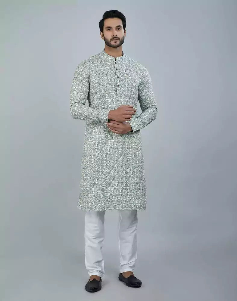 Classic Pista Green Color Botanical Print Cotton Kurta