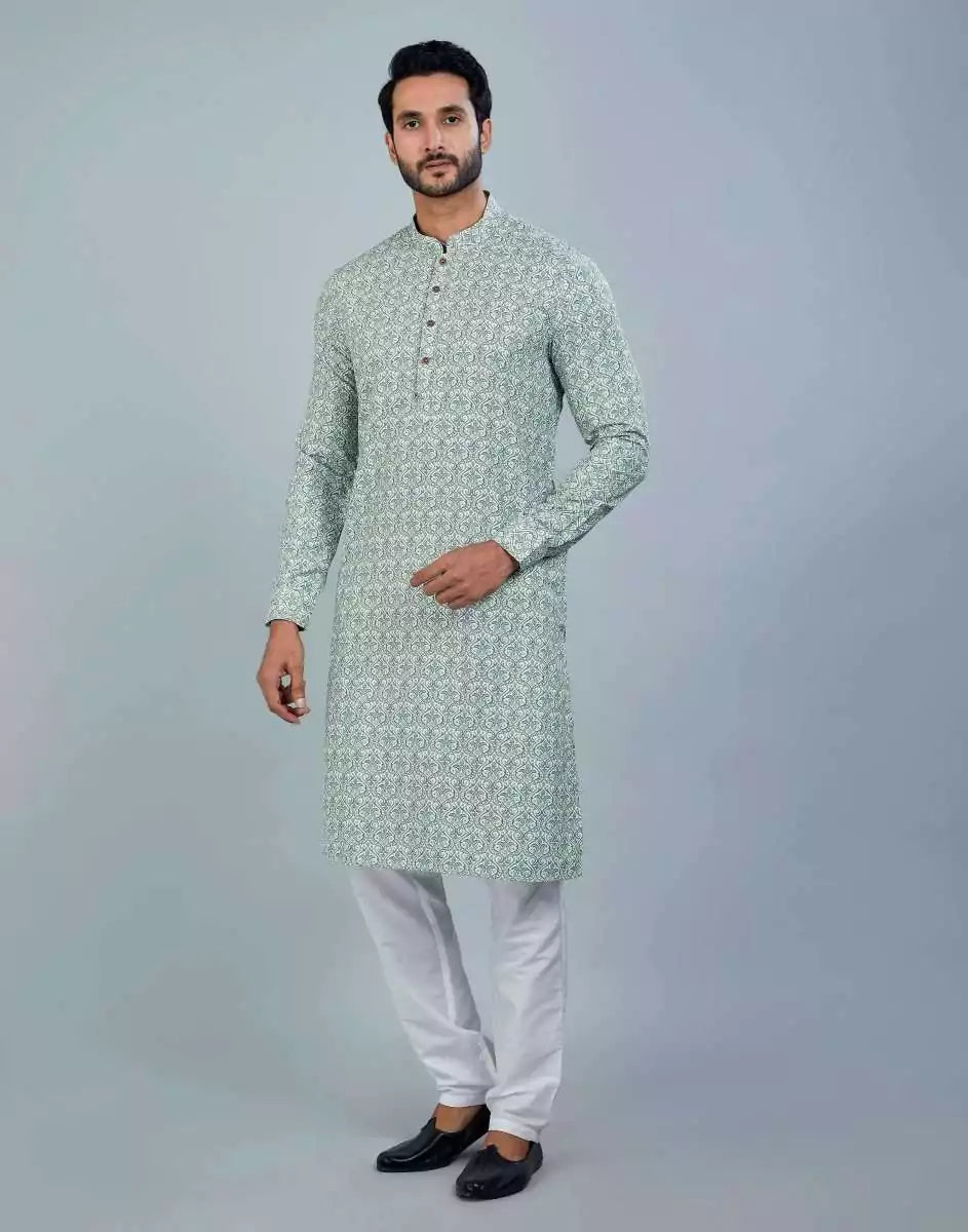 Classic Pista Green Color Botanical Print Cotton Kurta