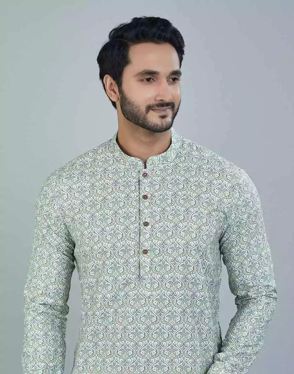 Classic Pista Green Color Botanical Print Cotton Kurta