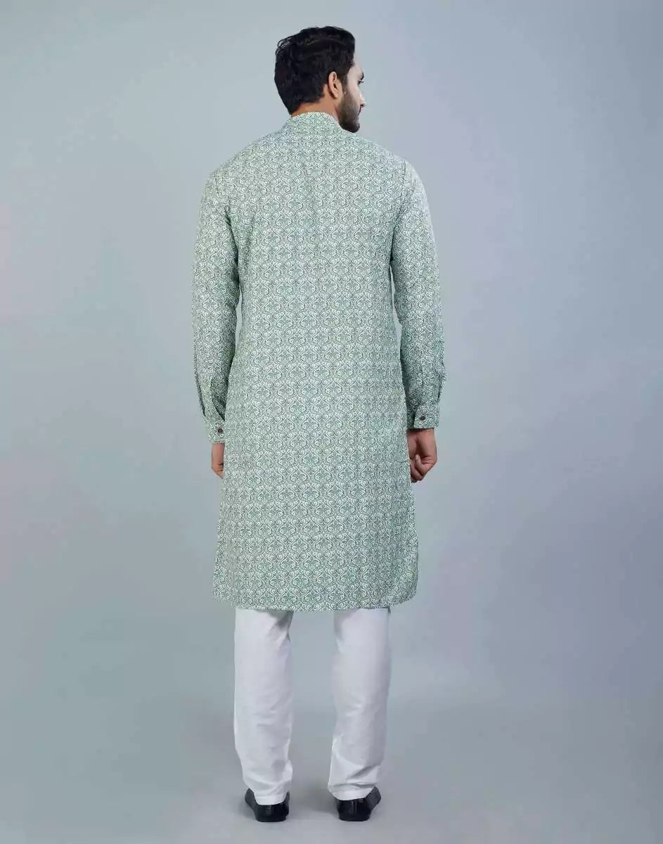 Classic Pista Green Color Botanical Print Cotton Kurta
