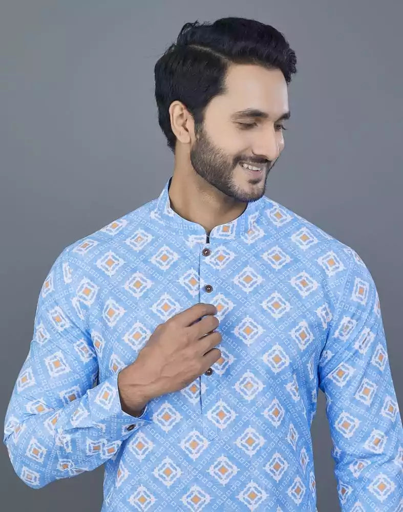 Elegant Royal Blue Geometric print Cotton Kurta