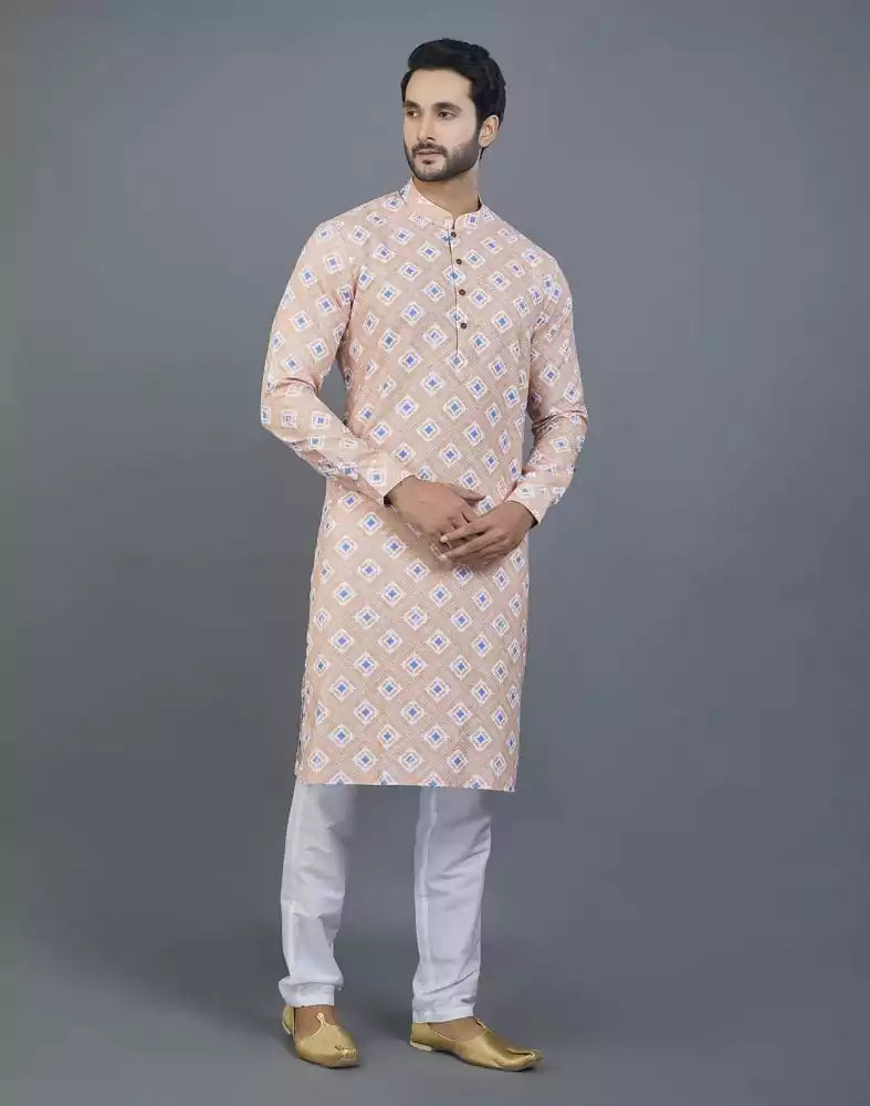 Orange Geometric Printed Cotton Kurta