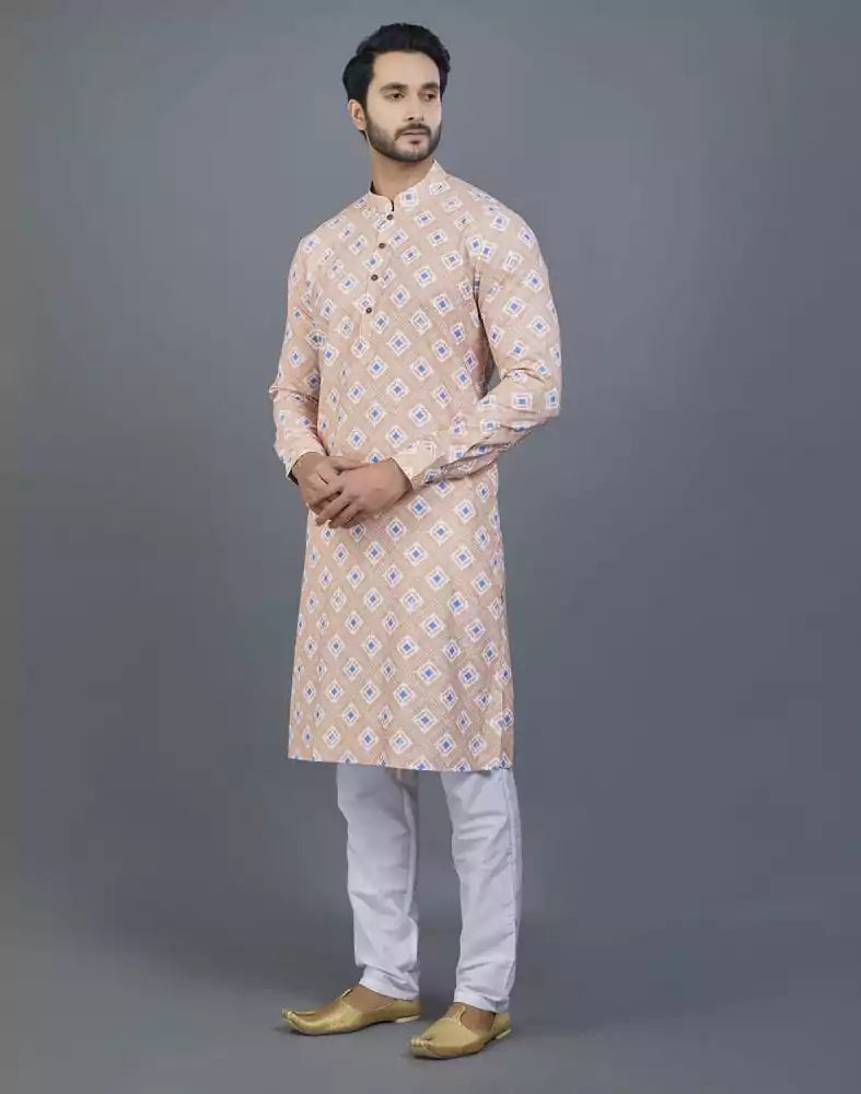 Orange Geometric Printed Cotton Kurta