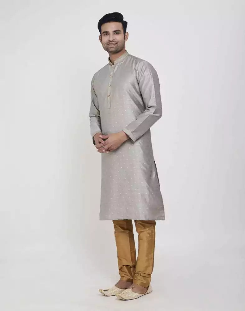 Grey Coloured Self Highlighted Brocade Design Kurta Pajama Set